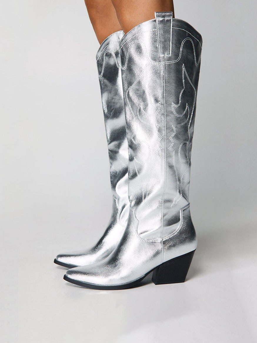 Silver Metallic Vegan Leather Pointed Toe Embroidered Wide Calf Cowgirl Knee High Boots With Chunky Heels