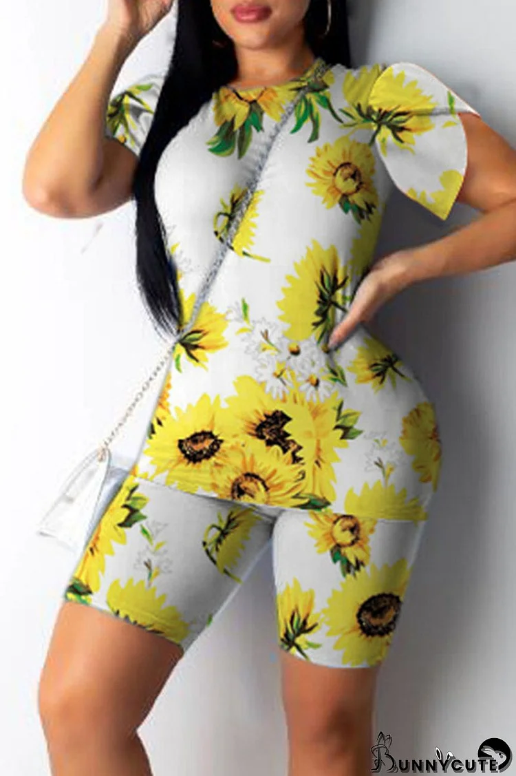 Yellow Casual Print Patchwork O Neck Short Sleeve Two Pieces