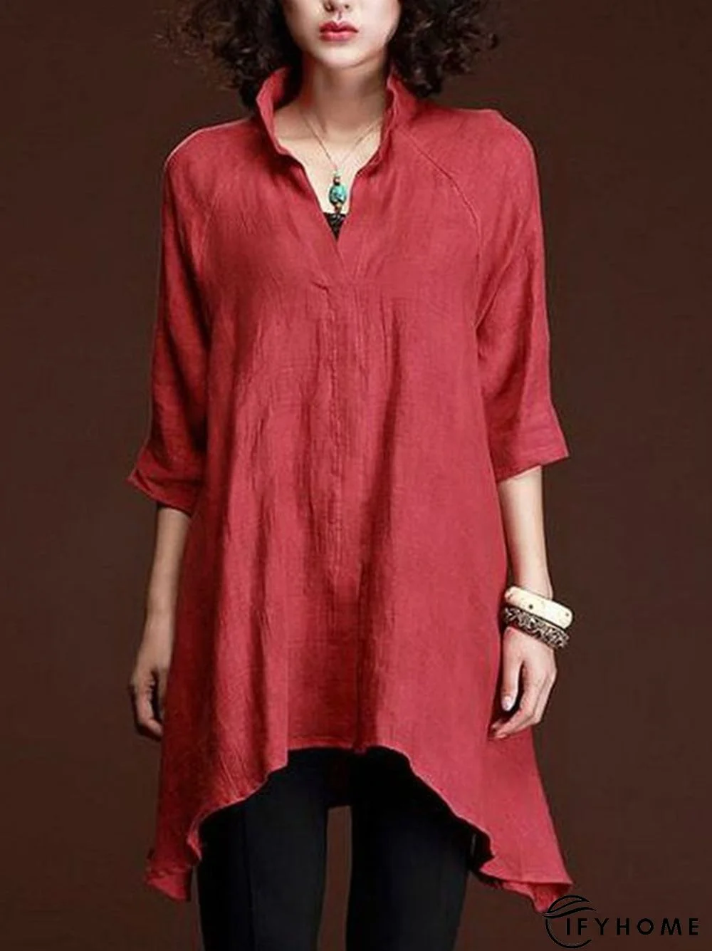 Women Casual 3/4 Sleeve V Neck Solid Top | IFYHOME