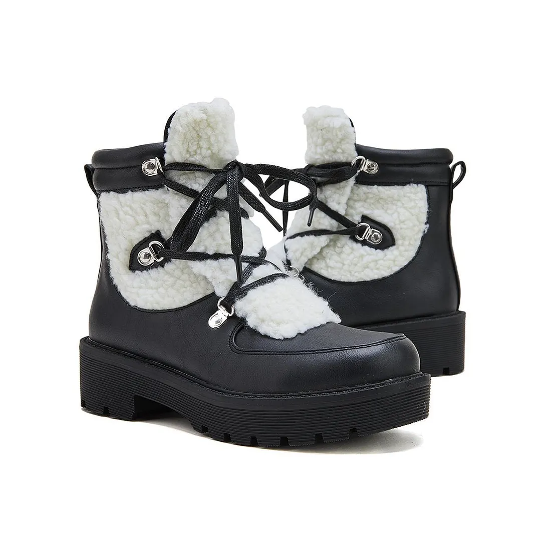 Women Faux Shearling Stiching Lace Up Snow Boots