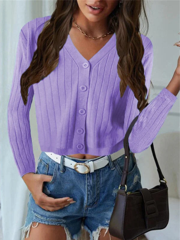 Women's V-neck Long Sleeve Solid Color Top Knit Sweater