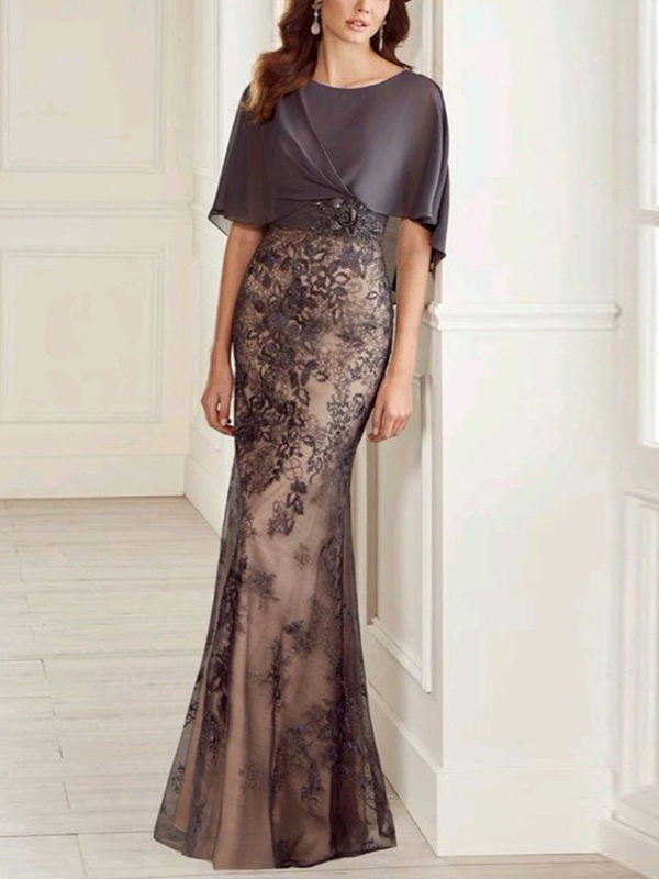 Round Neck Mesh Lace Solid Color Maxi Dress