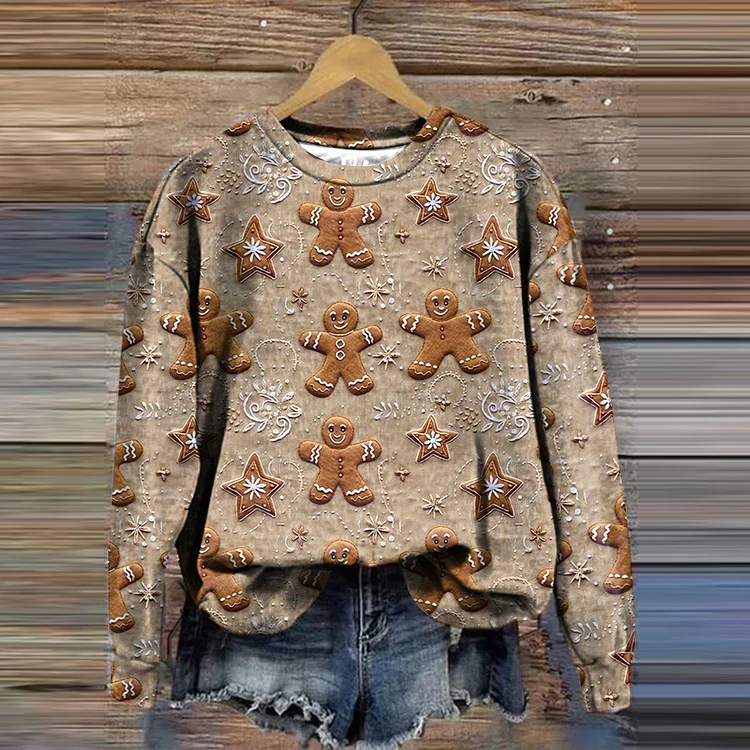 Christmas Gingerbread Print Casual Crew Neck Sweatshirt