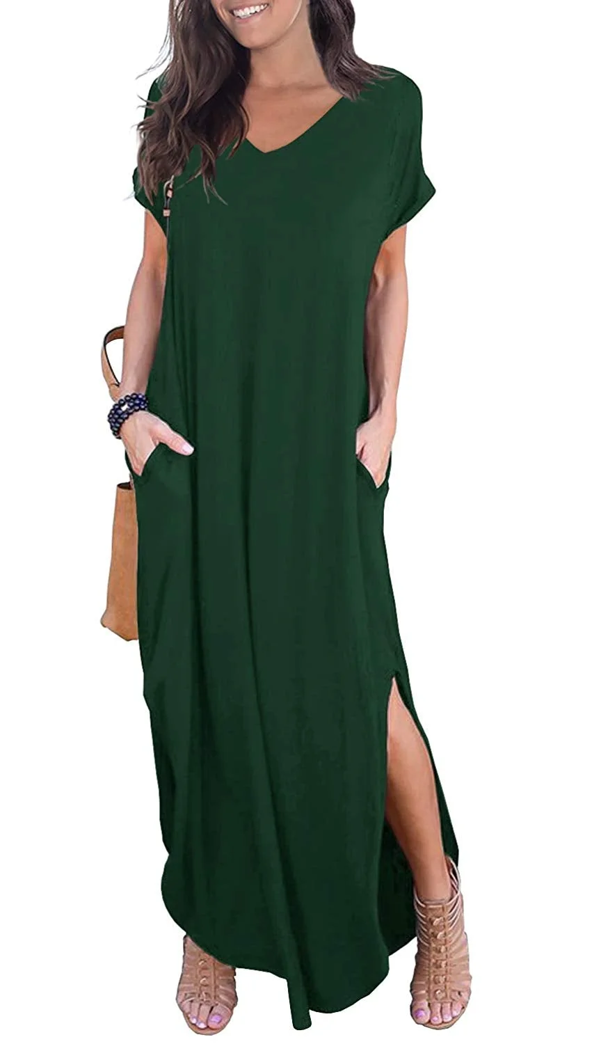 Women's Casual Loose Pocket Long Dress Short Sleeve Split Maxi Dresses