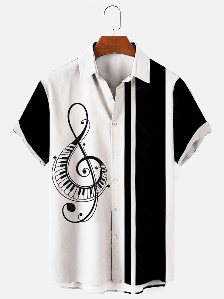 Men's Music Element Pattern Printing Loose Short Sleeve Hawaiian Shirt