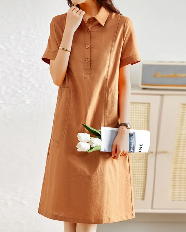 Casual Solid Color Lapel Short-sleeved Linen Shirt Dress