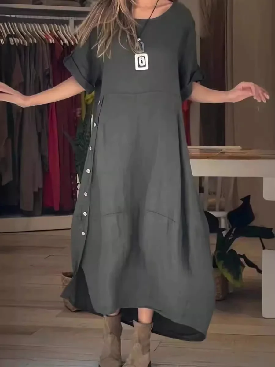 Nigikala Nigikala 2025 Women's Summer Style Relaxed Casual Solid-Sleeved Cotton Dress