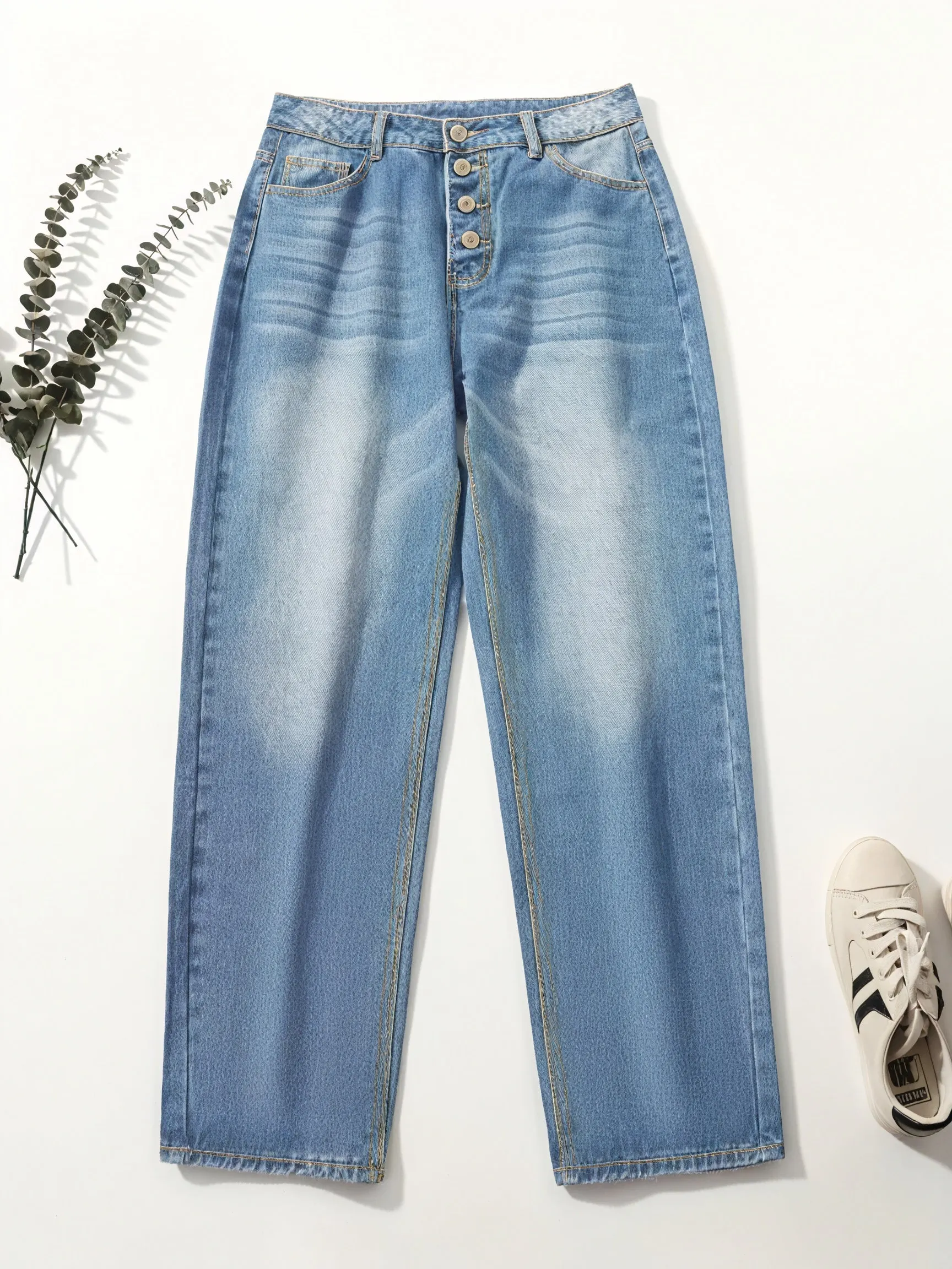 Damen Loose Fit Jeans – Hellblauer Denim, Knopfleiste, Umschlag, Lässig-83359-ad8be609-8886-4d7f-9d88-8ef0d46d5367