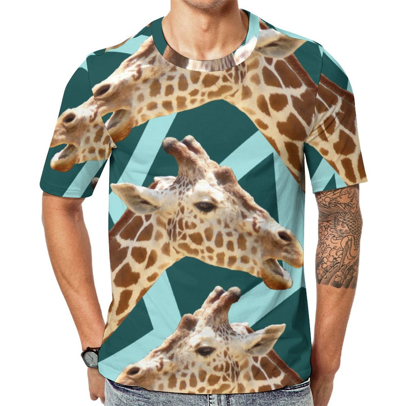 Funny Giraffe Print Teal Blue Wild Animal Short Sleeve Print Unisex Tshirt Summer Casual Tees for Men and Women Coolcoshirts