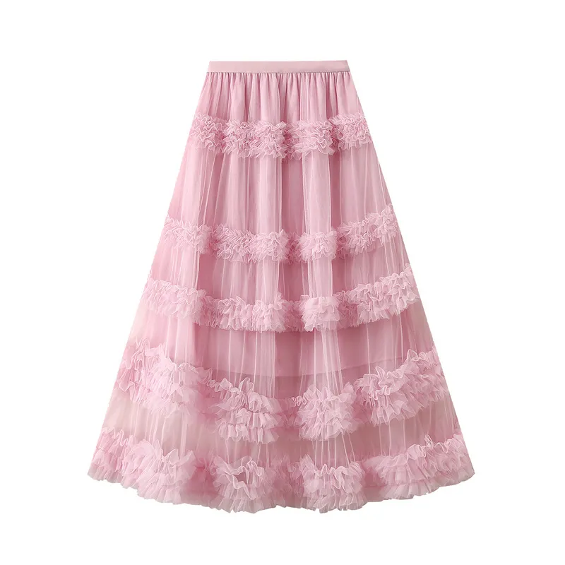 Nigikala Nigikala Heavy Industry Lace Cake Skirt Long Skirt Sweet Wind High Waist Wood Ear Net Yarn Skirt 1276