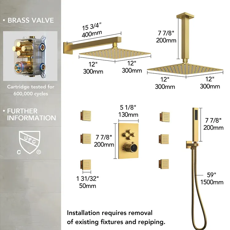 Luxury Thermostatic Dual Shower Head System in Brushed Gold SFS