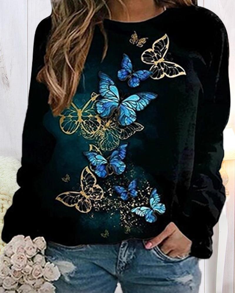 Women Casual Loose Butterfly Pattern Top