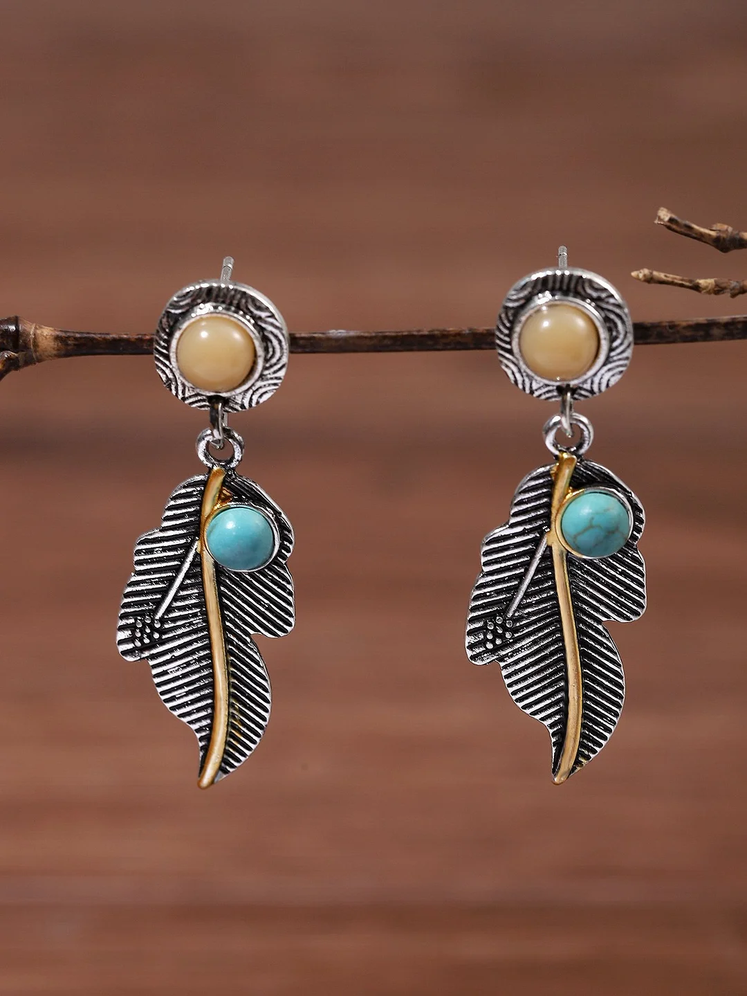 Bohemia Vintage Colorful Natural Stone Leaf Pattern Earrings Ethnic Jewelry