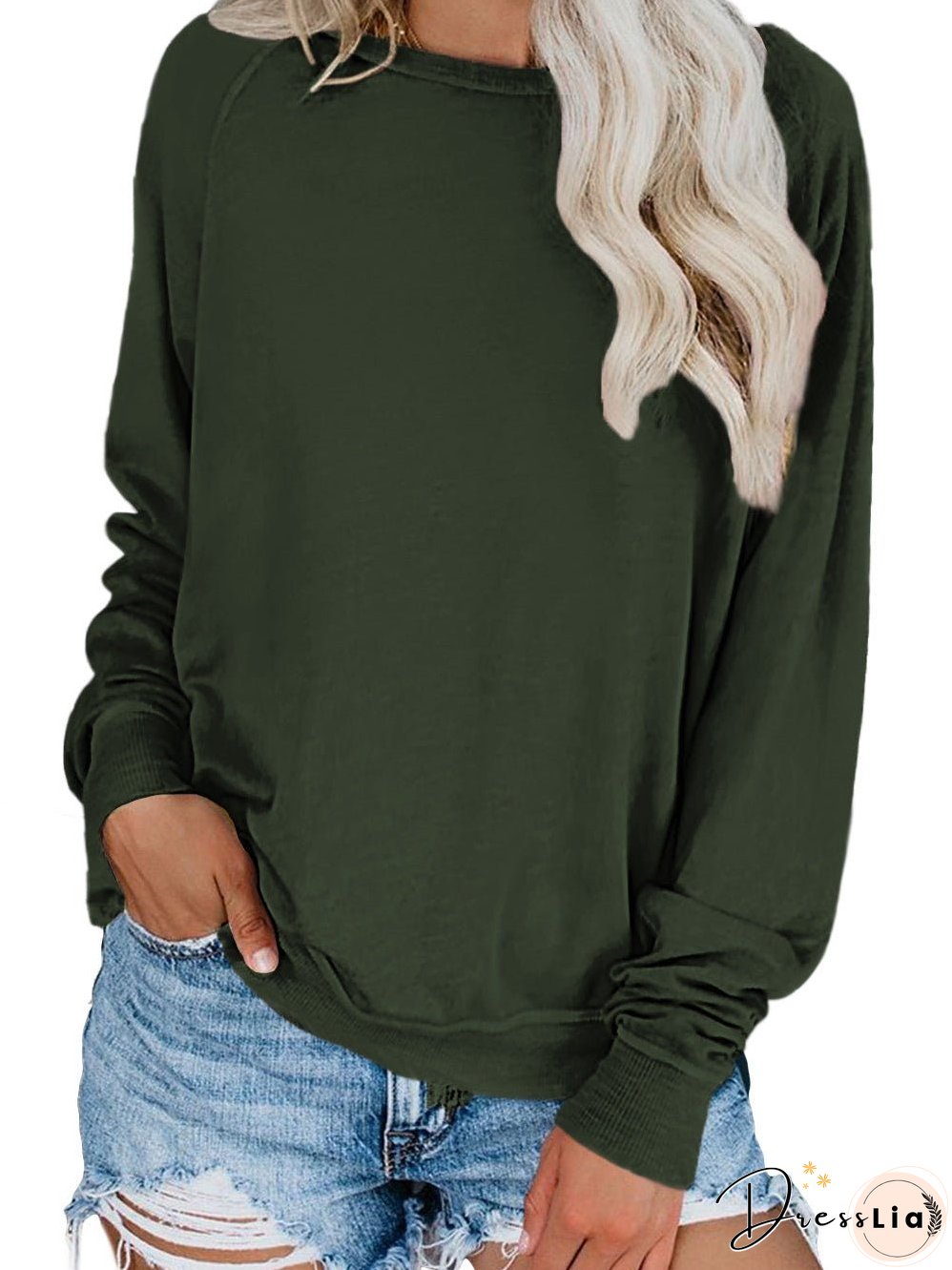 Green Crew Neck Long Sleeve Sweatshirt with Distressed Detail