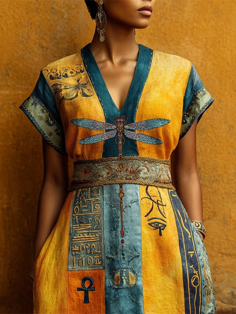 Egyptian & Dragonfly Pattern Women's Linen V-neck Maxi Dress