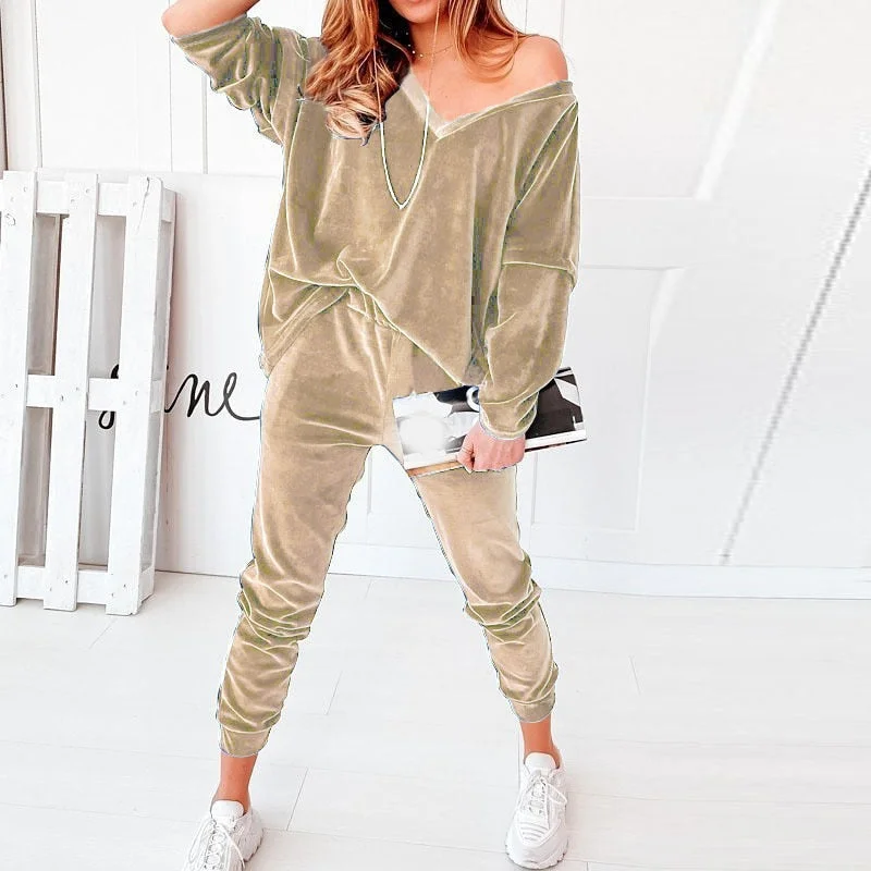 Autumn Velvet Tracksuits Women Sexy V Neck Pullover Sweatshirt And Harem Pants Two Piece Sets Loose Elegant Ladies Suits