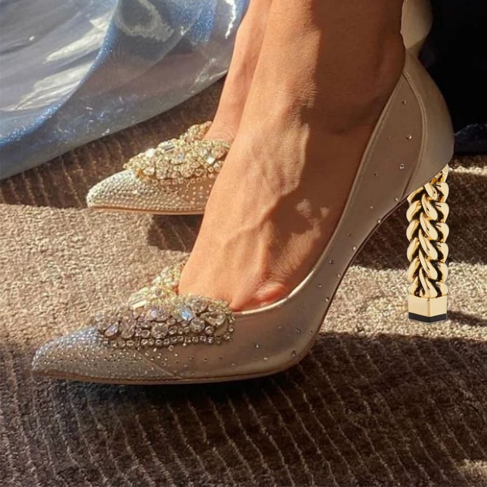 Women's Beige Wedding Shoes Mesh Splicing Rhinestone Pumps Heels Nicepairs
