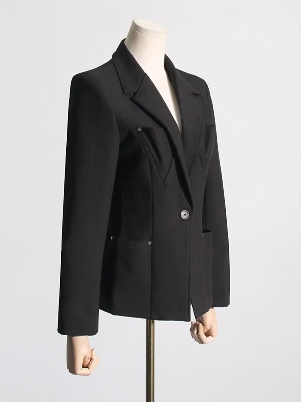 Toloer Toloer Temperament Casual Small Suit Female 2024 Spring New Fashion V Collar Long Sleeve Design Feeling Small Black Coat-Outfit Ideas