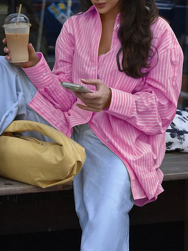 Buttoned Pockets Striped Long Sleeves Loose Lapel Blouses&Shirts Tops