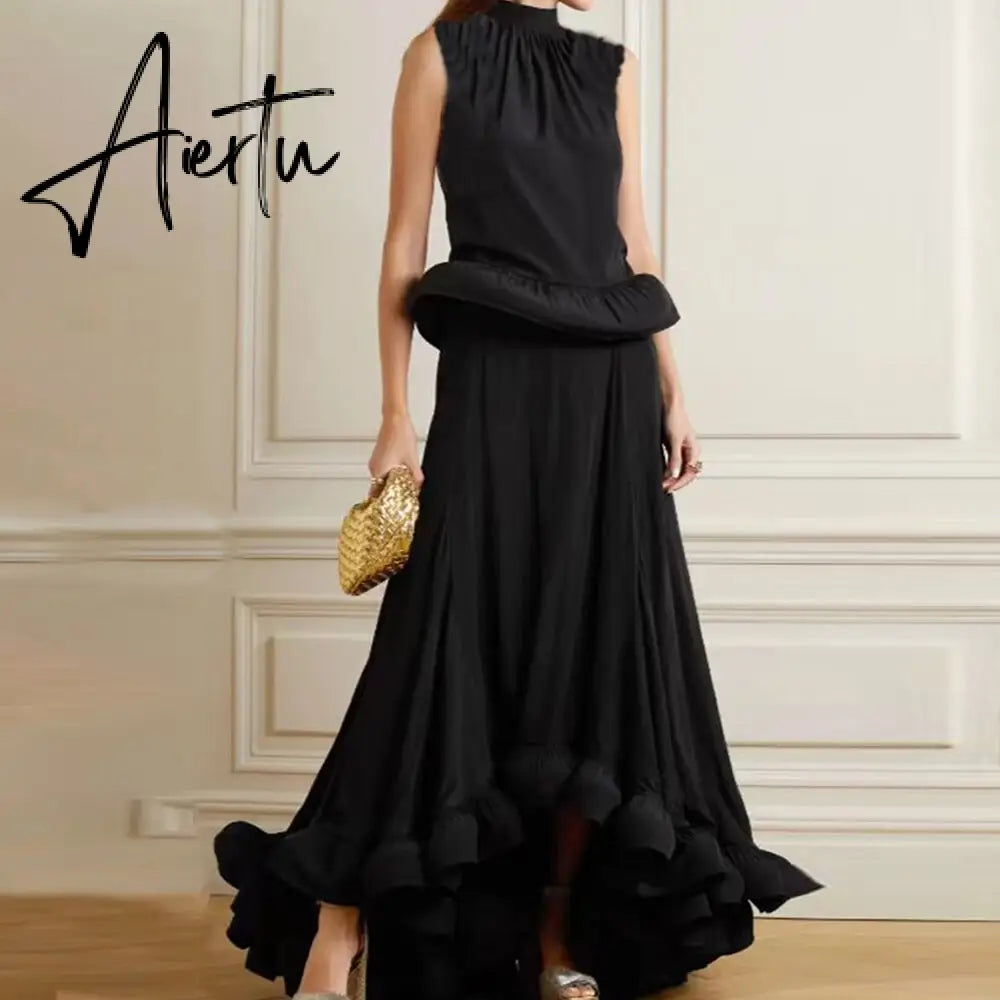 Solid Two Piece Sets For Women Stand Collar Sleeveless Tops High Waist A Line Skirts Summer Set Female Fashion New Aiertu