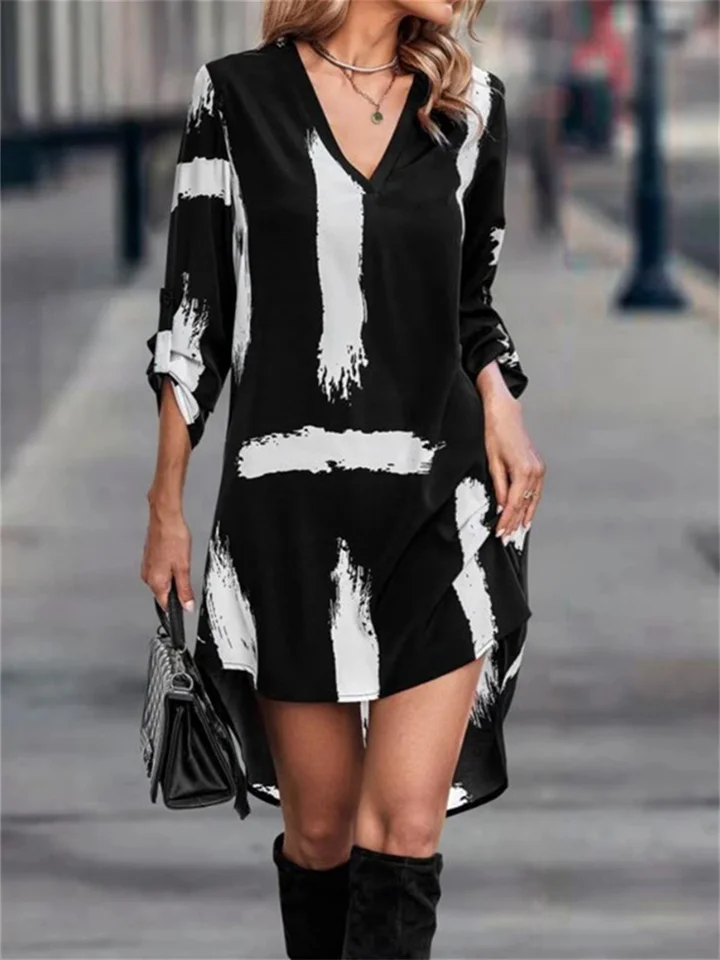 New Elegant Wind Long-sleeved Women's Trend Printing V-neck Casual Temperament Commuter Irregular Skirt Dresses | 168DEAL