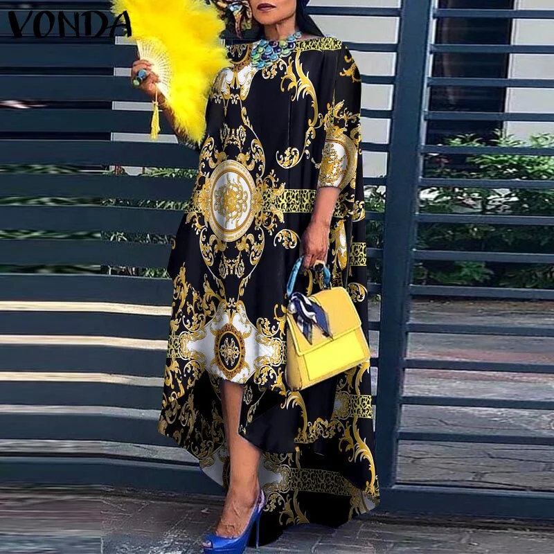 Vintage Floral Printed O Neck Dress 2022 Summer Spring Asymmetric Hem Pleated Vestidos VONDA Casual 3/4 Sleeve Beach Sundress