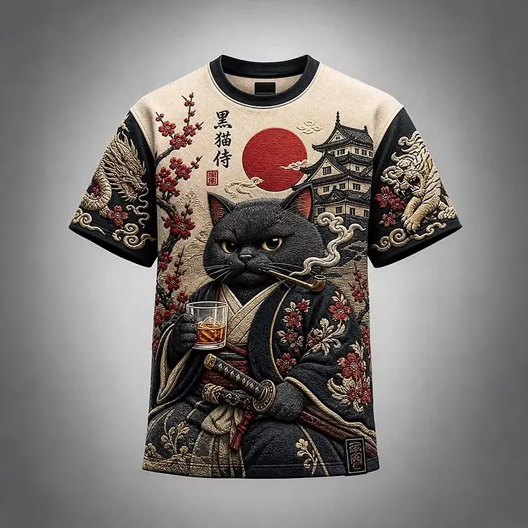 Men's Black Cat Samurai Japanese Ukiyo-e Sakura Castle Dragon Tiger Print T-shirt