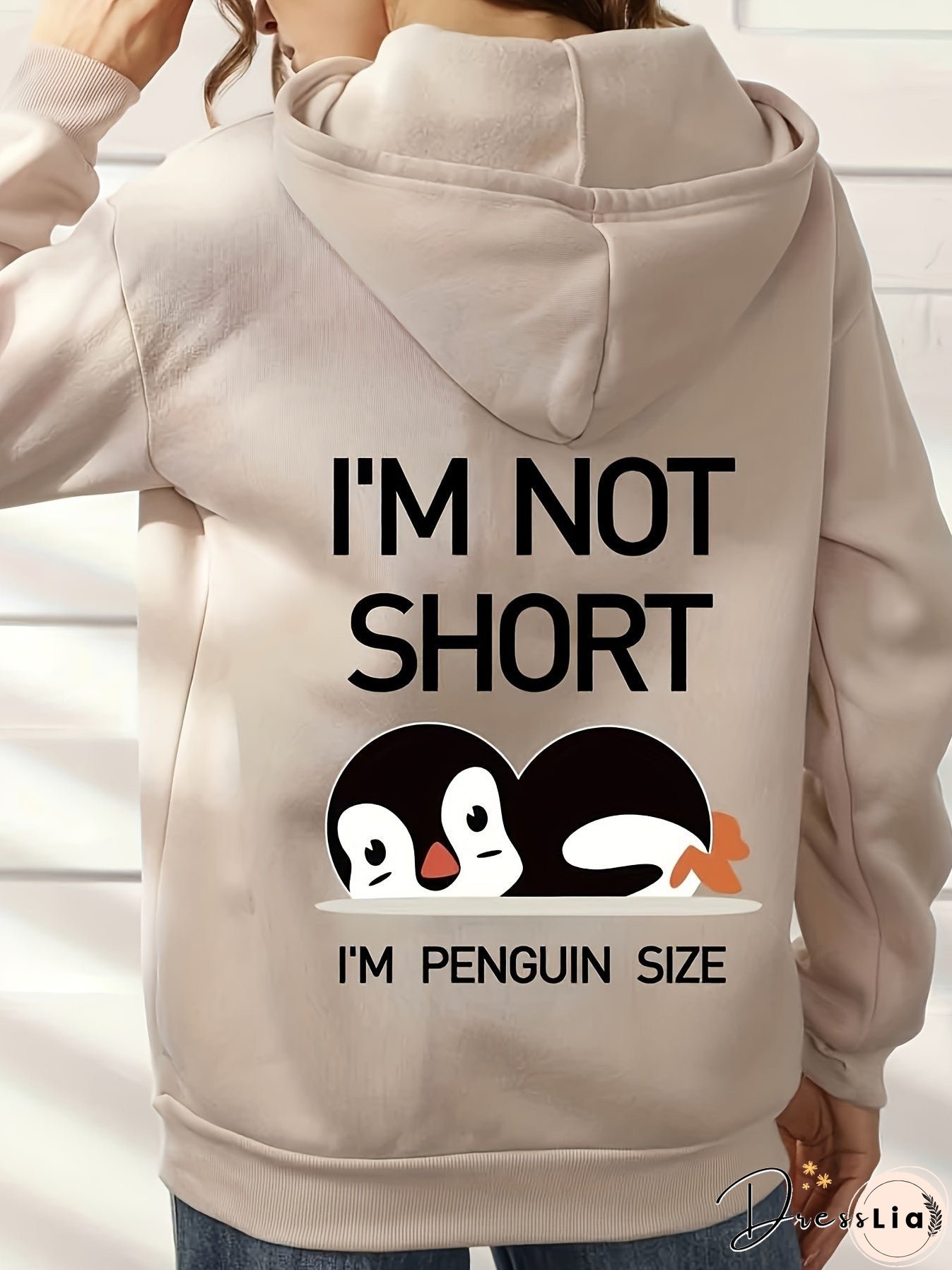 Penguin Graphic Casual Sports Hooded Sweatshirts, Animal Print Drawstring Hoodies With Front Pocket, Women's Sporty Sweatshirts