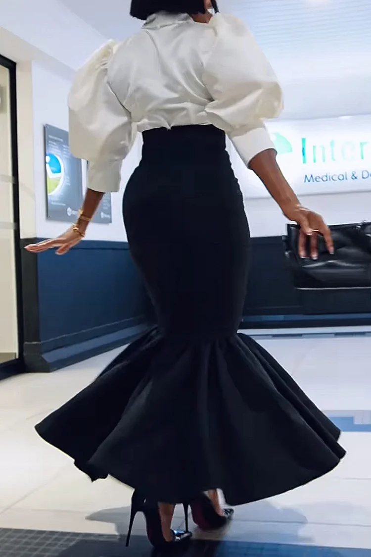 Plus Size Business Casual Black Elegant Shirt Collar Lantern Sleeve 3/4 Sleeve Ruffle Bodycon Two Piece Skirt Sets [Pre-Order]