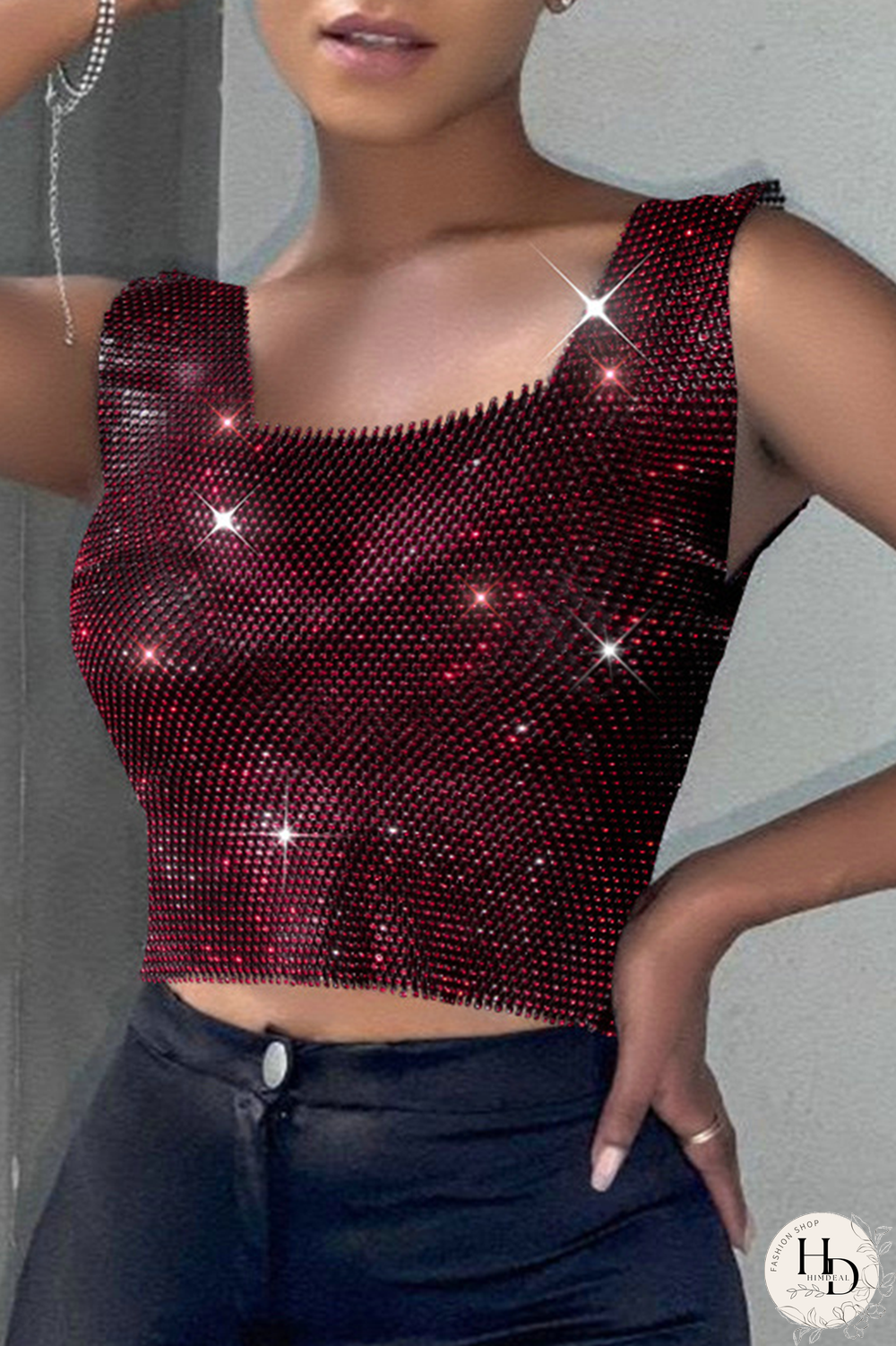 Red Sexy Solid Split Joint Square Collar Tops
