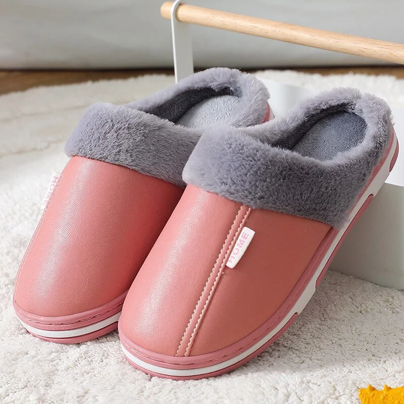 Qengg MCCKLE Women's Plush Slippers for Home Ladies Flat Shoes Woman PU Waterproof Soft Comfort Footwear Female Sewing Indoor Slipper