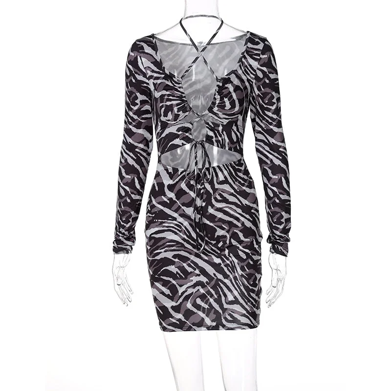 Dulzura Zebra Print Women Lace Up Long Sleeve Mini Dress V Neck Hollow Out Cross Bodycon Halter Party Club 2021 Autumn Winter