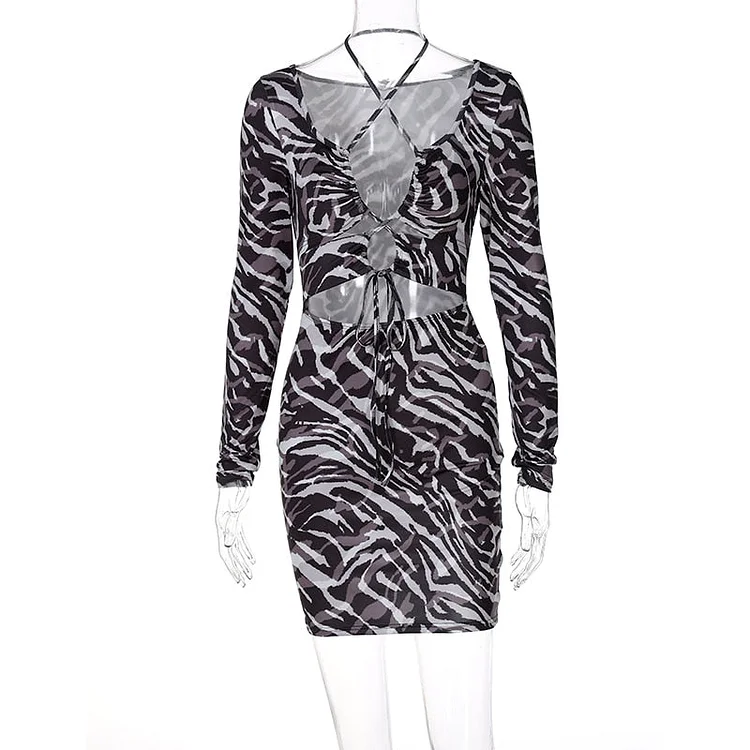 Hugcitar Zebra Print U Neck Long Sleeve Drawstring Bandage Slim Mini Dress 2021 Fall Winter Women Fashion Elegant Club Y2K