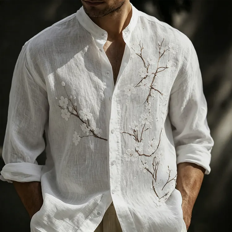 Men's Classy White Almond Blossom Embroidered Linen Shirt
