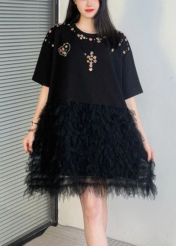 New Black Zircon Tulle Patchwork T Shirt Dress Summer