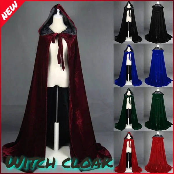 Adult Hooded Cloak Long Velvet Cape Robe Green Black Red Halloween Carnival Purim Coats Medieval Witch Wicca Vampire Costume