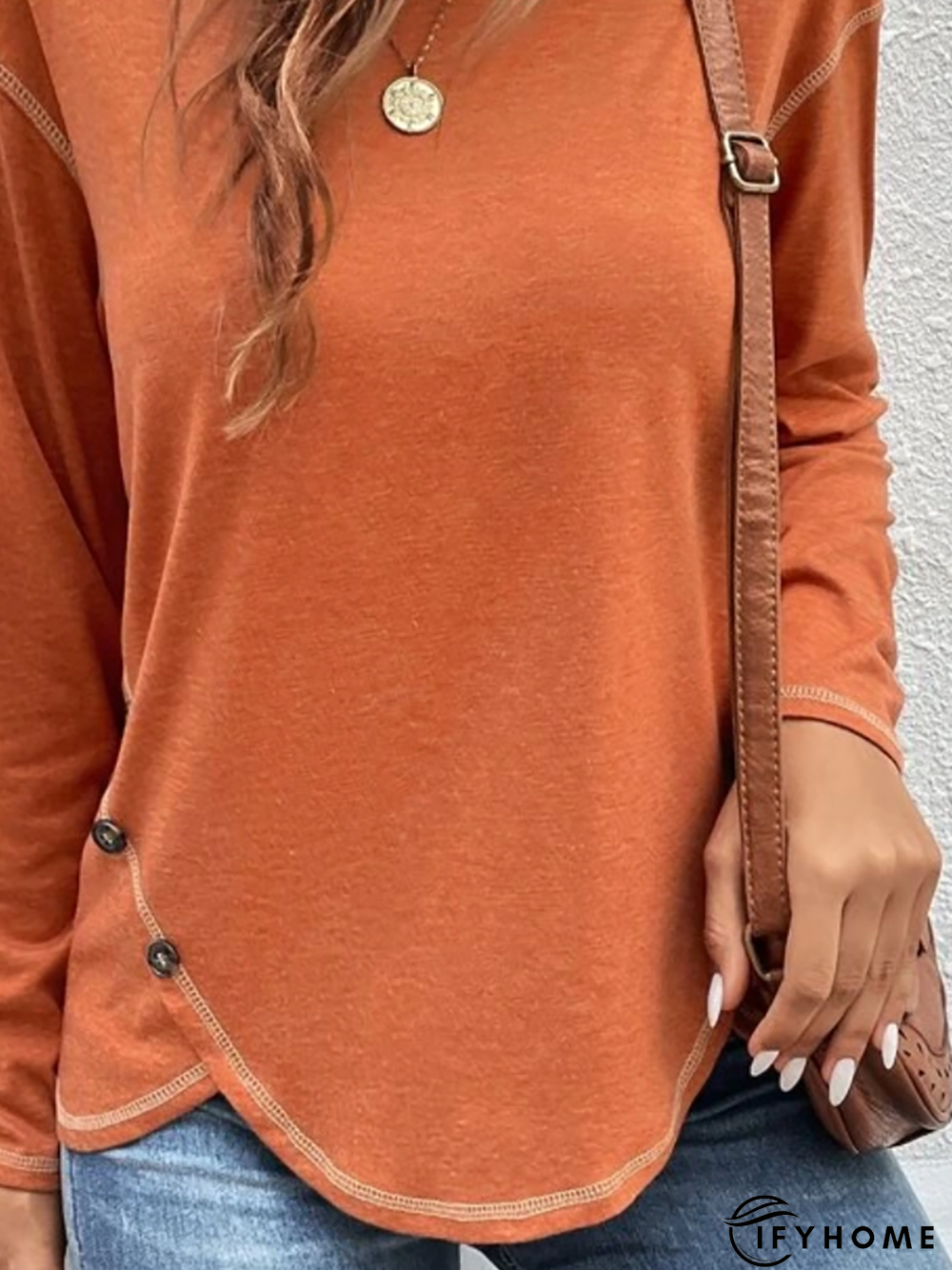 Casual Plain Autumn Cross Neck Micro-Elasticity Jersey Standard Regular H-Line Tunic T-Shirt for Women | IFYHOME