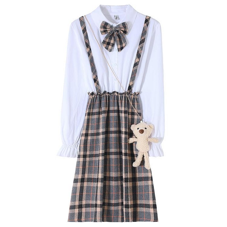 Bow Knot Plaid Suspender Dress With Bear - Modakawa