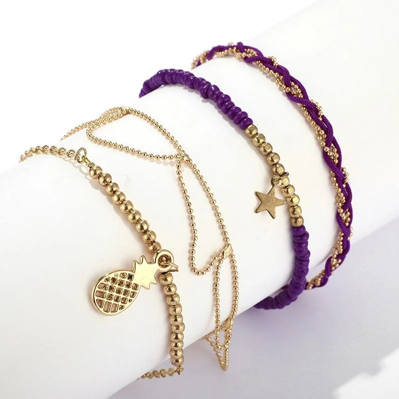 Women plus size clothing 4 Pieces Pineapple Star Tassel Bead Anklet Sets Wholesale Cheap Jewelry-Nordswear