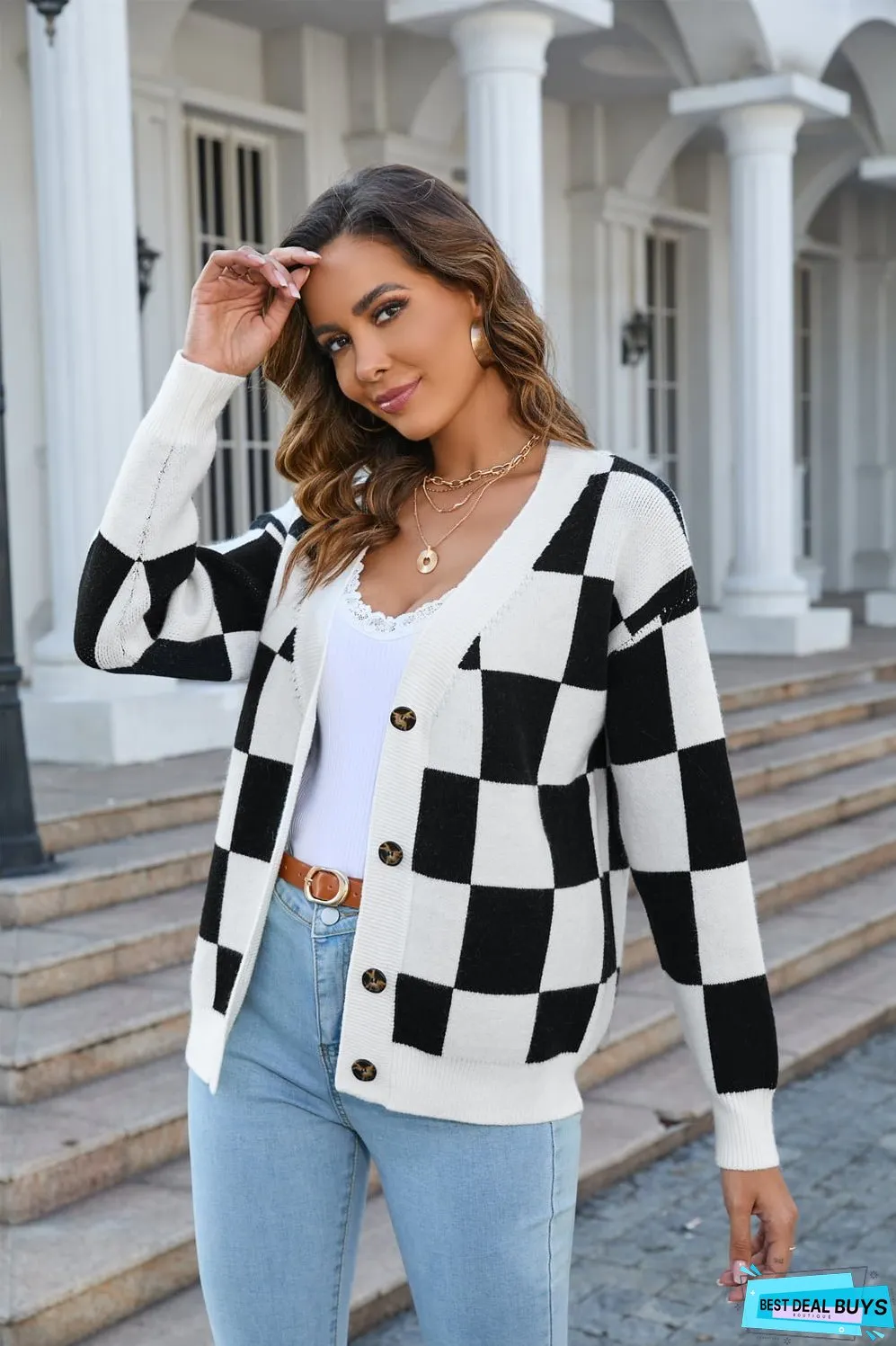 Button-Up Plaid V-Neck Dropped Shoulder Cardigan