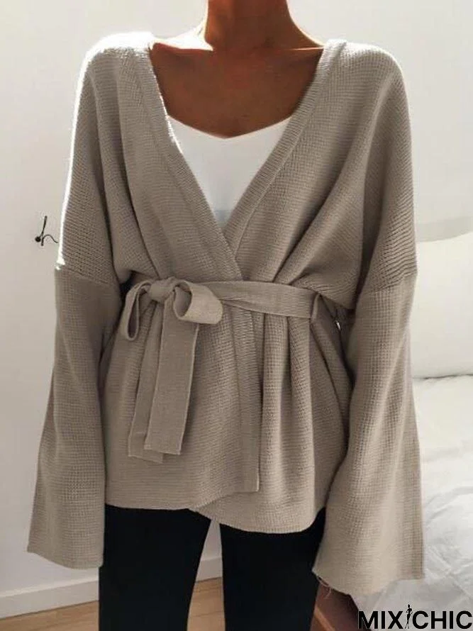 V Neck Cotton Blends Casual Loosen Sweater