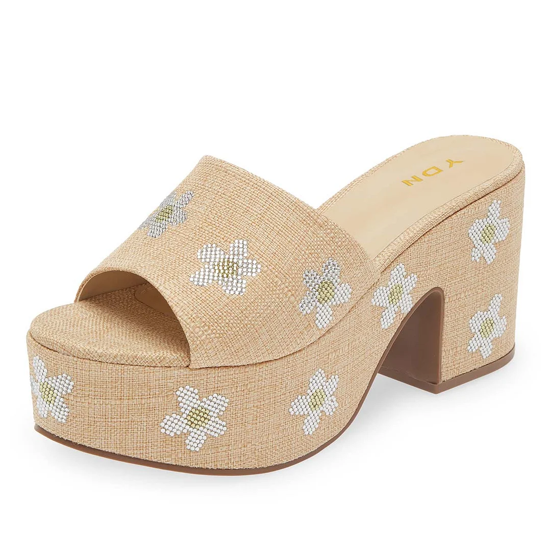 Beige Fabric Open Toe Platform Mules with Studded Flowers