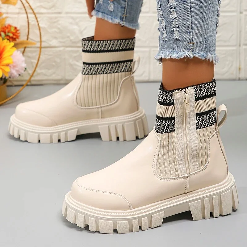 Breakj Patchwork Pu Leather Ankle Boots Women 2023 Fashion Chunky Platform Chelsea Boots Woman Elastic Knitted Short Booties