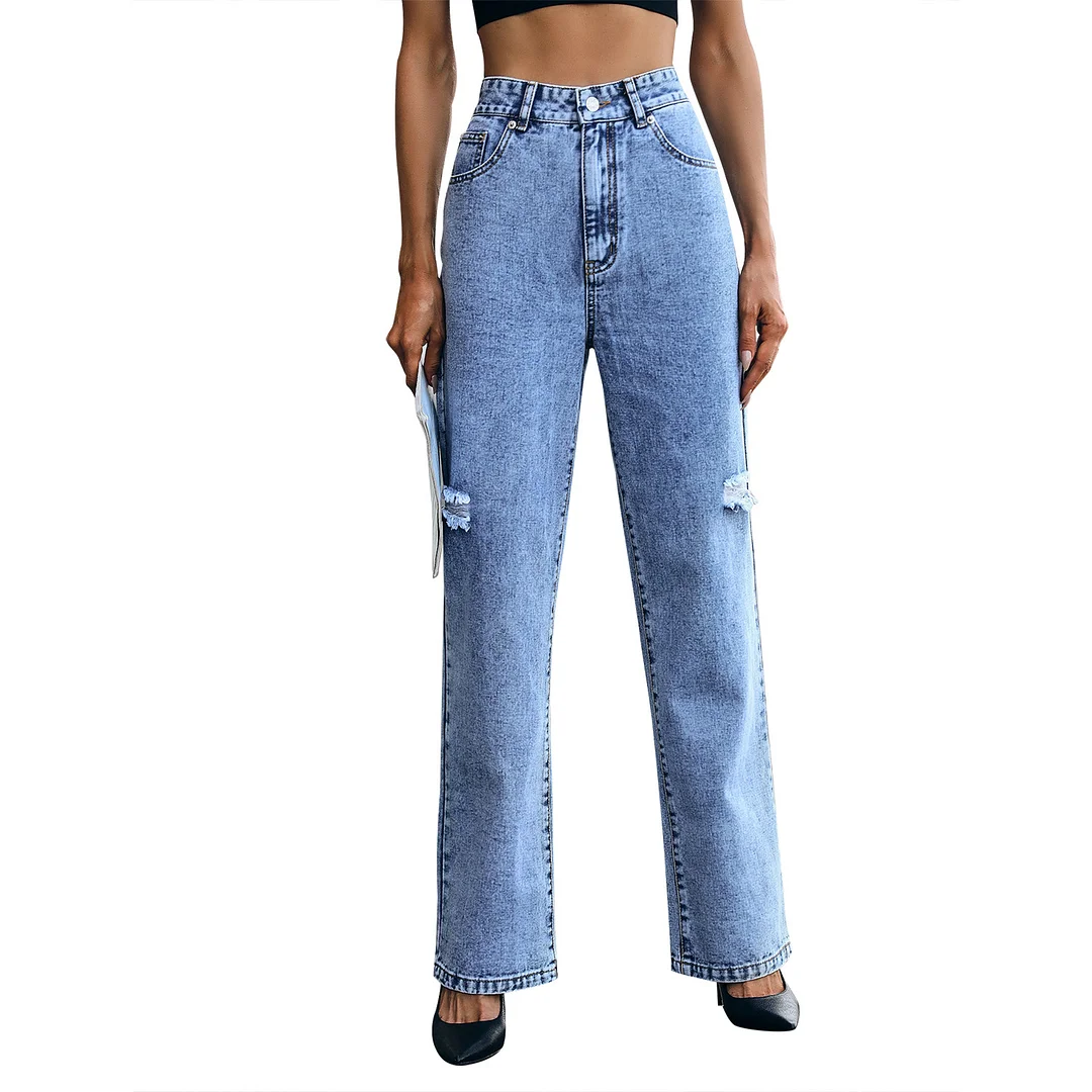 Women's INS High Waist Loose Mopping and Thin Ripped Denim Jeans