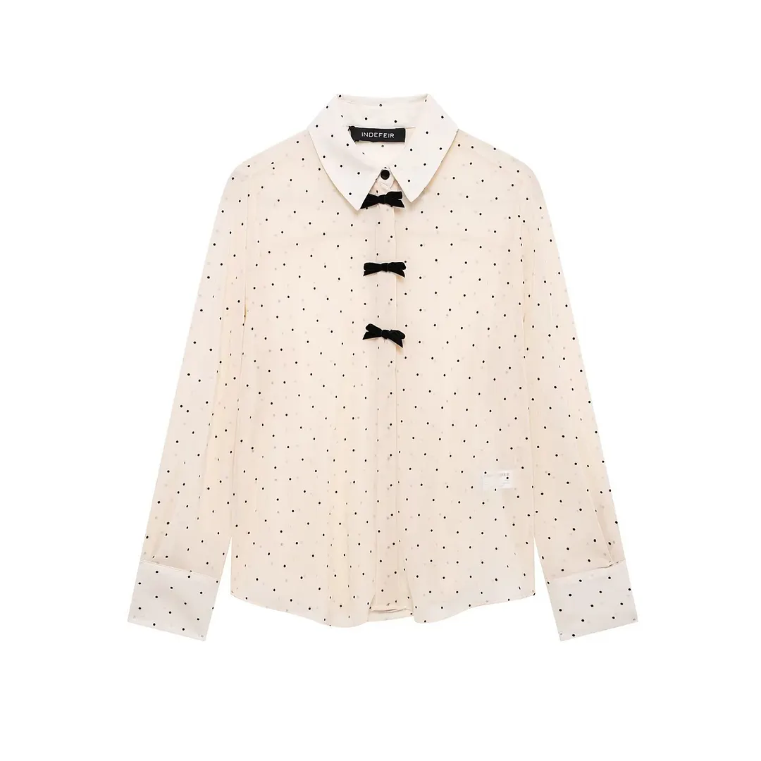 Churchf Churchf Bow Ornament Wave Point Printing Casual Shirt 2025 Spring And Summer Long-Sleeved Loose Women's Top
