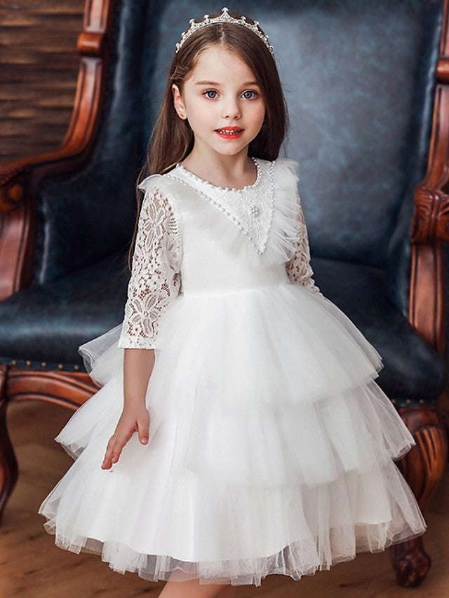 Oknass Ball Gown 3/4 Length Sleeve Jewel Neck Flower Girl Dresses Tulle  With Bow Beading  Cascading Ruffles