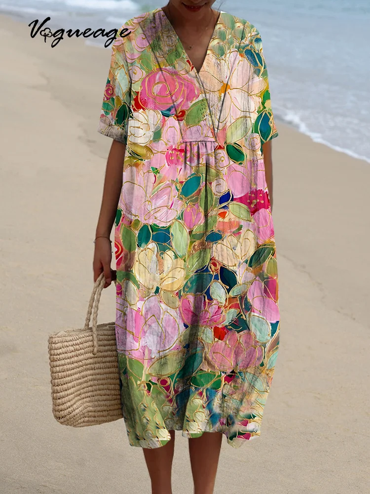 Bright And Elegant Flowers Printed Women's Casual Cotton And Linen Dress