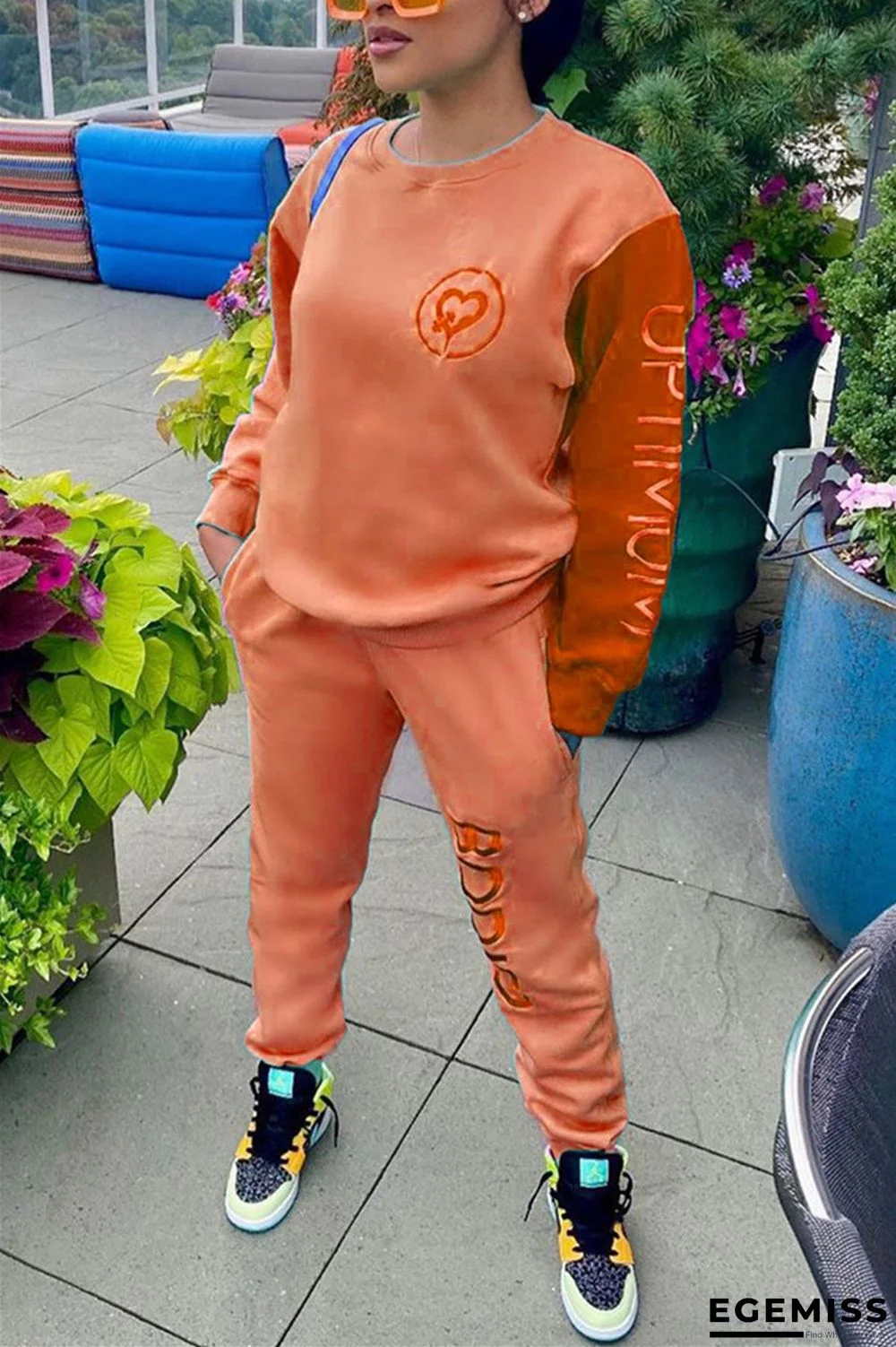 Orange Fashion Casual Adult Embroidery Embroidered O Neck Long Sleeve Regular Sleeve Regular Two Pieces | EGEMISS