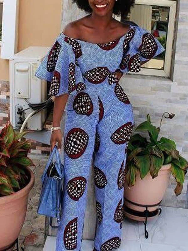 Fashion Printed Off-The-Shoulder Short Sleeve Empire Jumpsuit