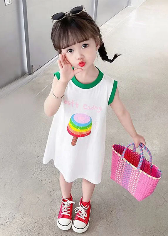 Simple White O Neck Print Cotton Girls T Shirt Dress Sleeveless